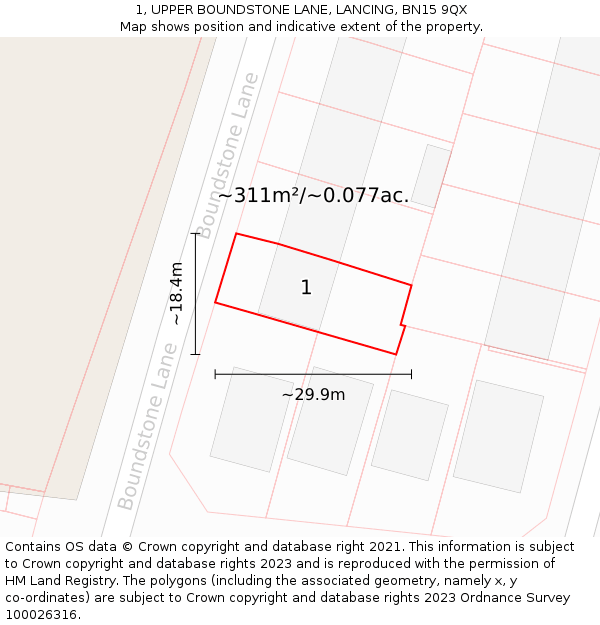 1, UPPER BOUNDSTONE LANE, LANCING, BN15 9QX: Plot and title map