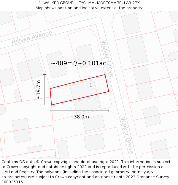 1, WALKER GROVE, HEYSHAM, MORECAMBE, LA3 2BX: Plot and title map