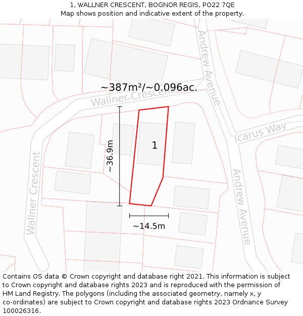 1, WALLNER CRESCENT, BOGNOR REGIS, PO22 7QE: Plot and title map