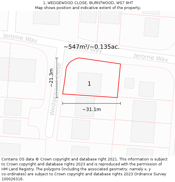 1, WEDGEWOOD CLOSE, BURNTWOOD, WS7 9HT: Plot and title map