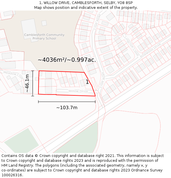 1, WILLOW DRIVE, CAMBLESFORTH, SELBY, YO8 8SP: Plot and title map