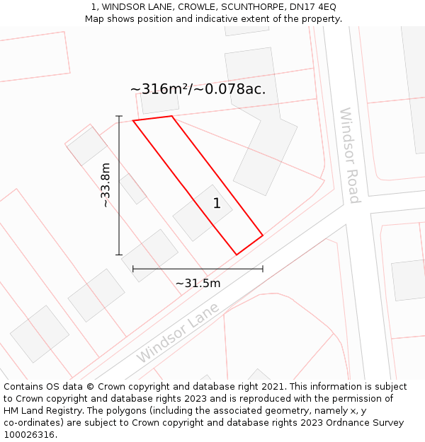 1, WINDSOR LANE, CROWLE, SCUNTHORPE, DN17 4EQ: Plot and title map