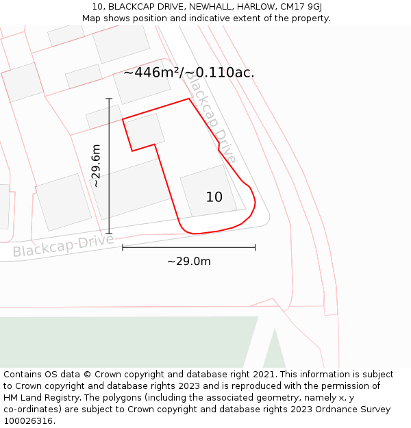 10, BLACKCAP DRIVE, NEWHALL, HARLOW, CM17 9GJ: Plot and title map