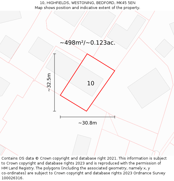 10, HIGHFIELDS, WESTONING, BEDFORD, MK45 5EN: Plot and title map