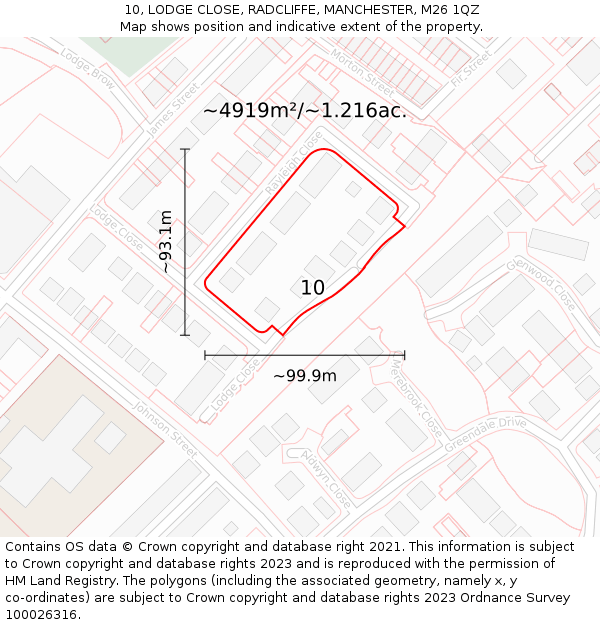 10, LODGE CLOSE, RADCLIFFE, MANCHESTER, M26 1QZ: Plot and title map