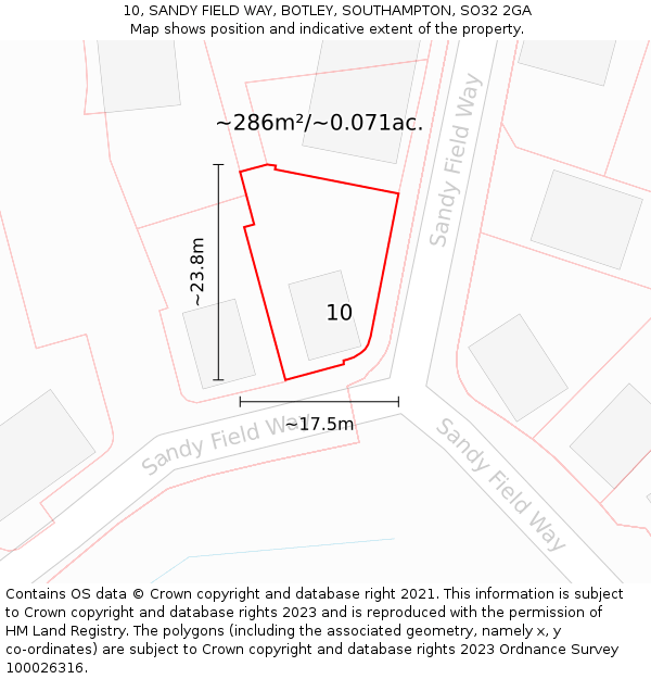10, SANDY FIELD WAY, BOTLEY, SOUTHAMPTON, SO32 2GA: Plot and title map