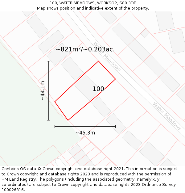 100, WATER MEADOWS, WORKSOP, S80 3DB: Plot and title map