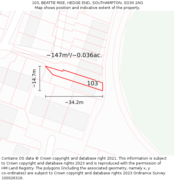 103, BEATTIE RISE, HEDGE END, SOUTHAMPTON, SO30 2AG: Plot and title map