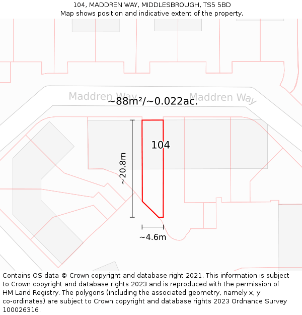 104, MADDREN WAY, MIDDLESBROUGH, TS5 5BD: Plot and title map