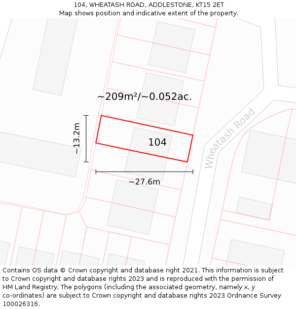 104, WHEATASH ROAD, ADDLESTONE, KT15 2ET: Plot and title map
