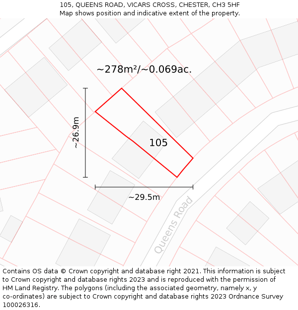 105, QUEENS ROAD, VICARS CROSS, CHESTER, CH3 5HF: Plot and title map