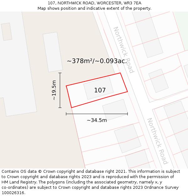 107, NORTHWICK ROAD, WORCESTER, WR3 7EA: Plot and title map