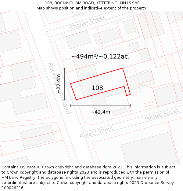 108, ROCKINGHAM ROAD, KETTERING, NN16 9AF: Plot and title map