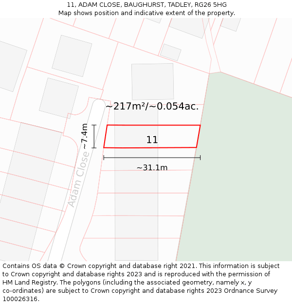 11, ADAM CLOSE, BAUGHURST, TADLEY, RG26 5HG: Plot and title map