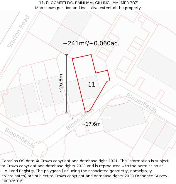 11, BLOOMFIELDS, RAINHAM, GILLINGHAM, ME8 7BZ: Plot and title map
