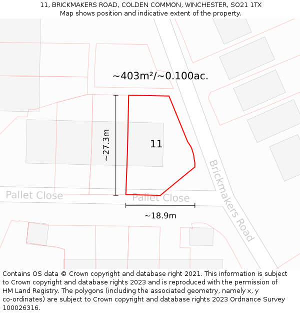 11, BRICKMAKERS ROAD, COLDEN COMMON, WINCHESTER, SO21 1TX: Plot and title map