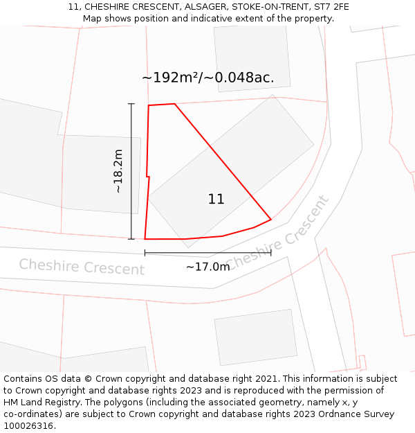 11, CHESHIRE CRESCENT, ALSAGER, STOKE-ON-TRENT, ST7 2FE: Plot and title map