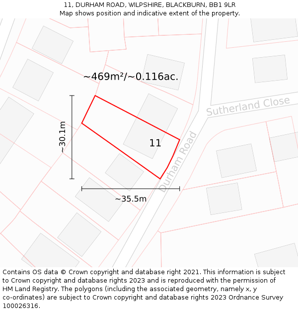 11, DURHAM ROAD, WILPSHIRE, BLACKBURN, BB1 9LR: Plot and title map