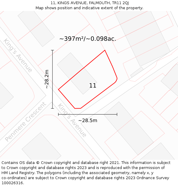 11, KINGS AVENUE, FALMOUTH, TR11 2QJ: Plot and title map