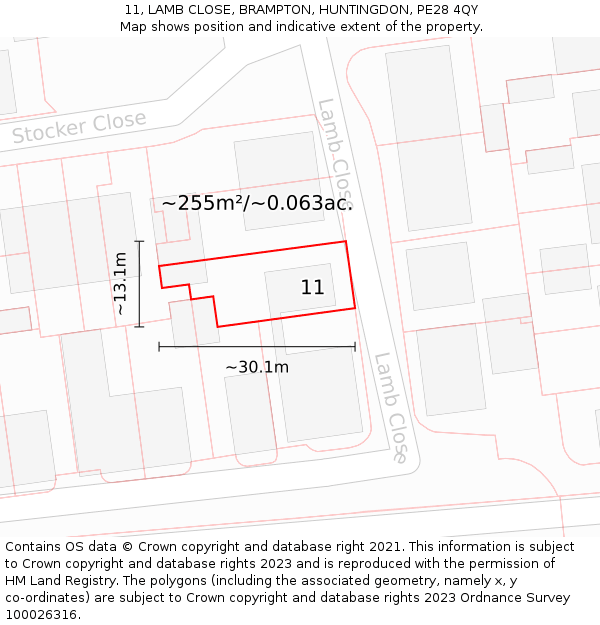11, LAMB CLOSE, BRAMPTON, HUNTINGDON, PE28 4QY: Plot and title map