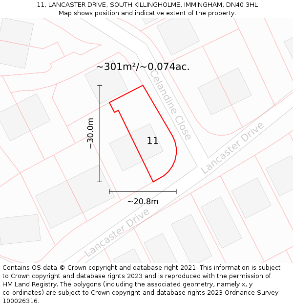 11, LANCASTER DRIVE, SOUTH KILLINGHOLME, IMMINGHAM, DN40 3HL: Plot and title map