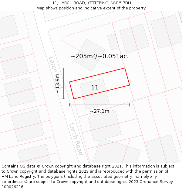 11, LARCH ROAD, KETTERING, NN15 7BH: Plot and title map