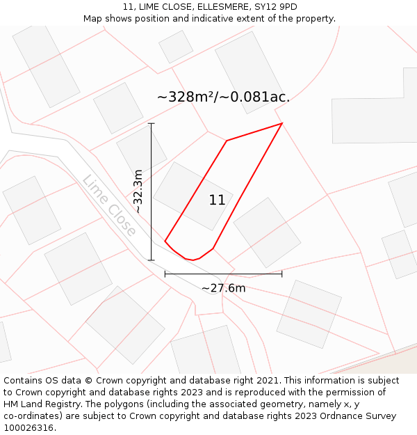 11, LIME CLOSE, ELLESMERE, SY12 9PD: Plot and title map