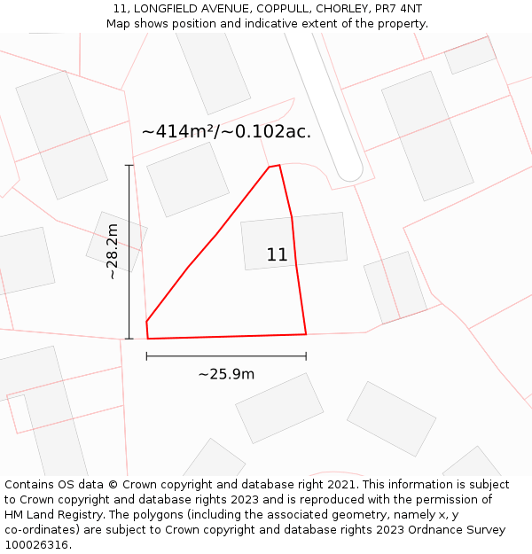 11, LONGFIELD AVENUE, COPPULL, CHORLEY, PR7 4NT: Plot and title map