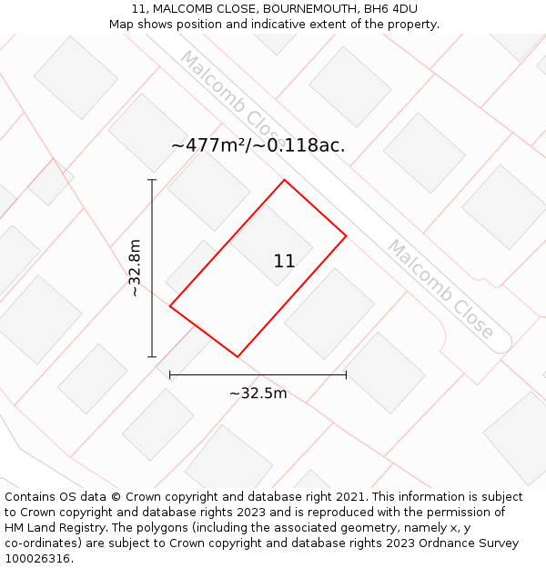 11, MALCOMB CLOSE, BOURNEMOUTH, BH6 4DU: Plot and title map