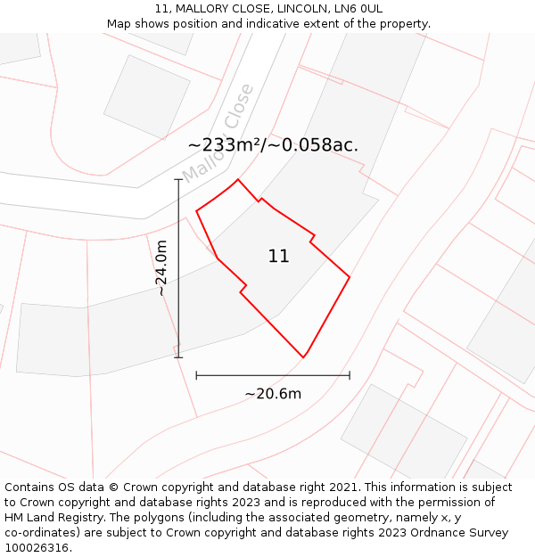 11, MALLORY CLOSE, LINCOLN, LN6 0UL: Plot and title map