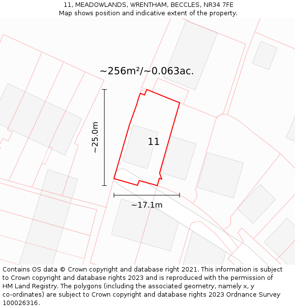 11, MEADOWLANDS, WRENTHAM, BECCLES, NR34 7FE: Plot and title map