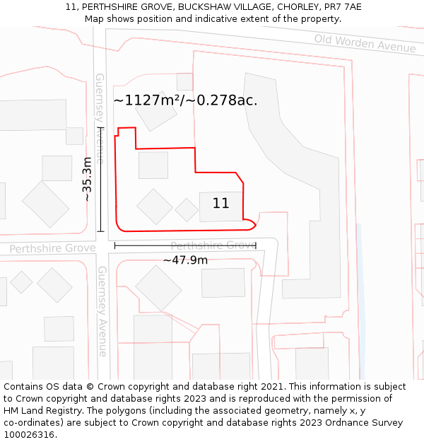 11, PERTHSHIRE GROVE, BUCKSHAW VILLAGE, CHORLEY, PR7 7AE: Plot and title map