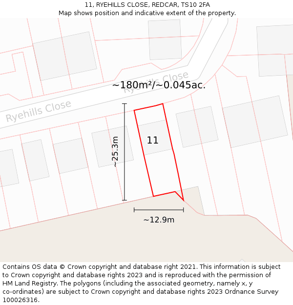 11, RYEHILLS CLOSE, REDCAR, TS10 2FA: Plot and title map