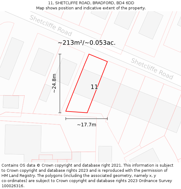 11, SHETCLIFFE ROAD, BRADFORD, BD4 6DD: Plot and title map