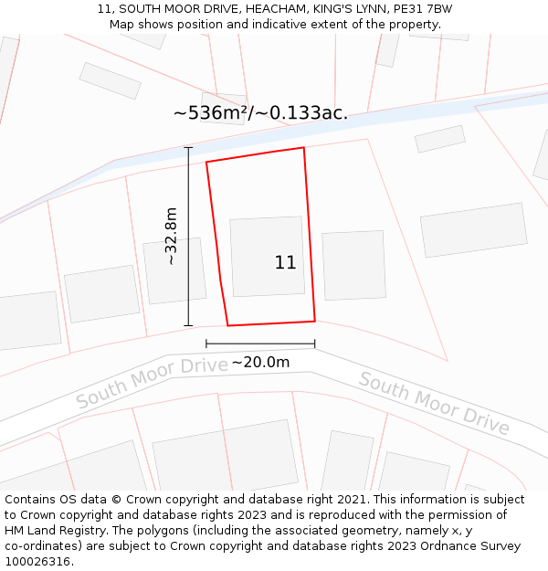 11, SOUTH MOOR DRIVE, HEACHAM, KING'S LYNN, PE31 7BW: Plot and title map