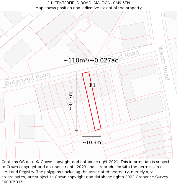 11, TENTERFIELD ROAD, MALDON, CM9 5EN: Plot and title map