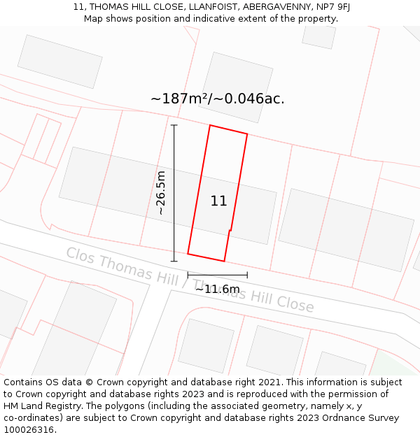 11, THOMAS HILL CLOSE, LLANFOIST, ABERGAVENNY, NP7 9FJ: Plot and title map