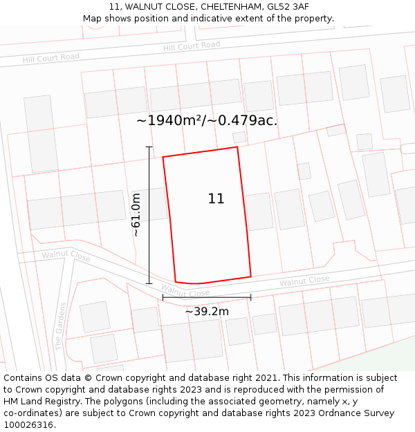 11, WALNUT CLOSE, CHELTENHAM, GL52 3AF: Plot and title map