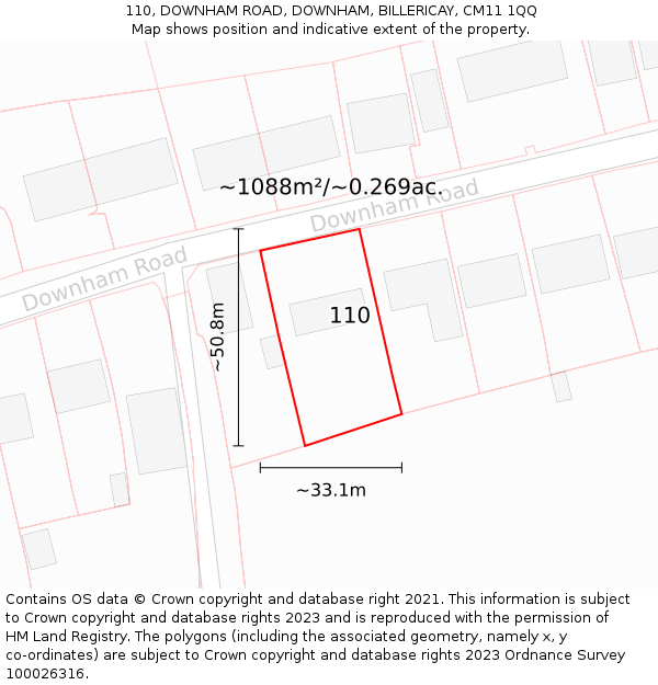 110, DOWNHAM ROAD, DOWNHAM, BILLERICAY, CM11 1QQ: Plot and title map