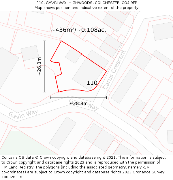 110, GAVIN WAY, HIGHWOODS, COLCHESTER, CO4 9FP: Plot and title map
