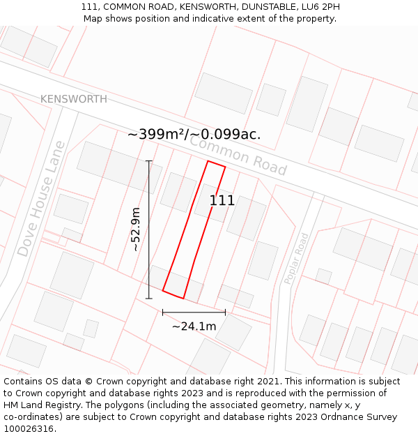 111, COMMON ROAD, KENSWORTH, DUNSTABLE, LU6 2PH: Plot and title map