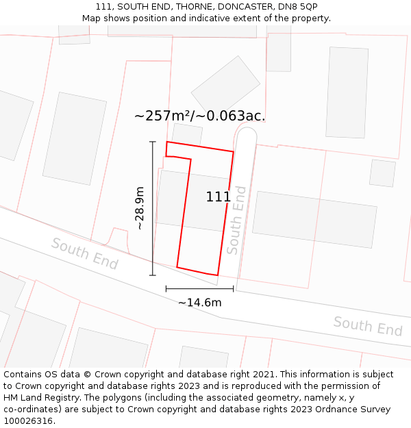 111, SOUTH END, THORNE, DONCASTER, DN8 5QP: Plot and title map