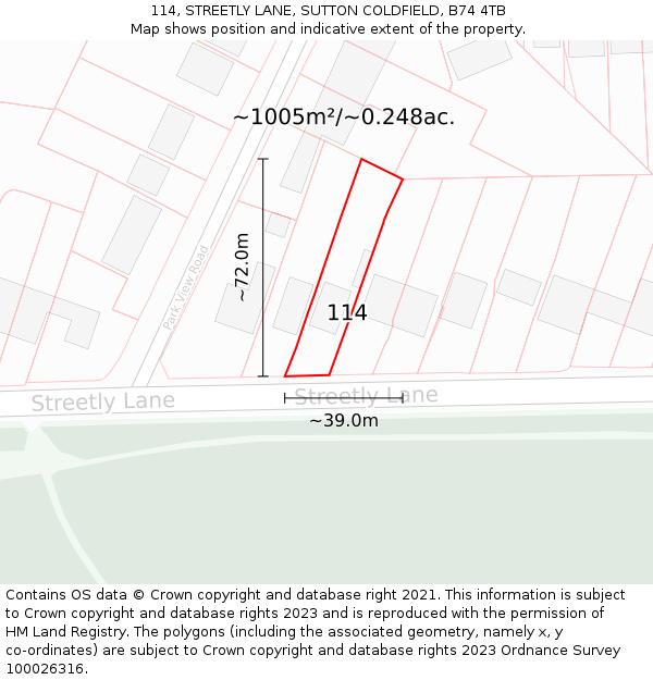 114, STREETLY LANE, SUTTON COLDFIELD, B74 4TB: Plot and title map