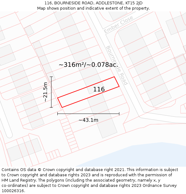 116, BOURNESIDE ROAD, ADDLESTONE, KT15 2JD: Plot and title map