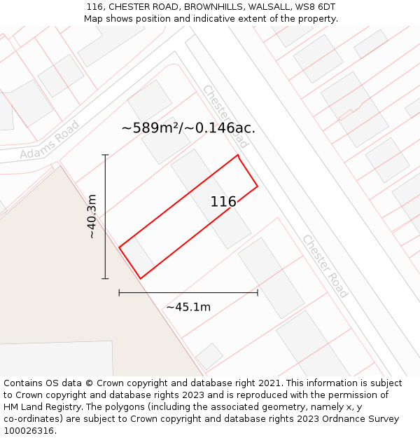 116, CHESTER ROAD, BROWNHILLS, WALSALL, WS8 6DT: Plot and title map