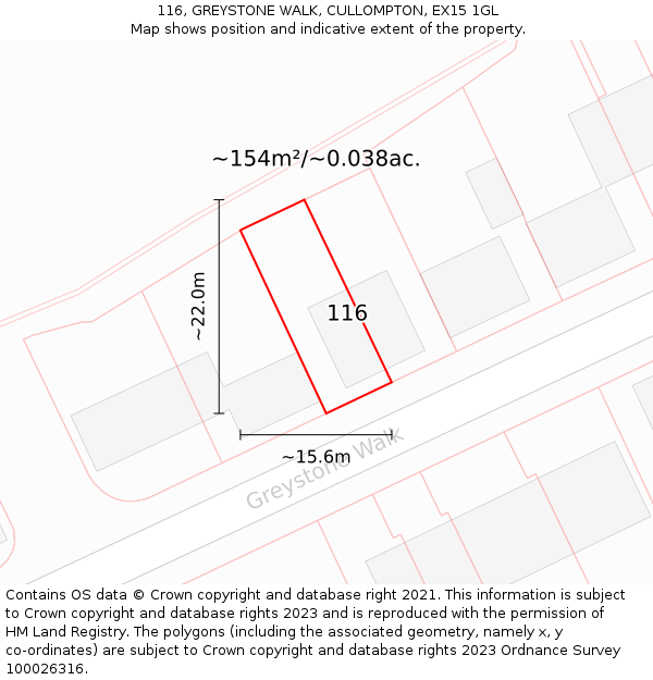 116, GREYSTONE WALK, CULLOMPTON, EX15 1GL: Plot and title map