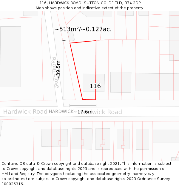 116, HARDWICK ROAD, SUTTON COLDFIELD, B74 3DP: Plot and title map