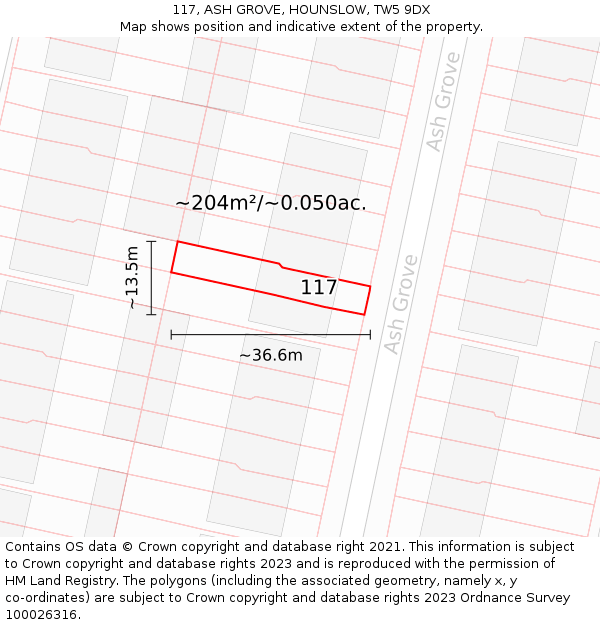 117, ASH GROVE, HOUNSLOW, TW5 9DX: Plot and title map