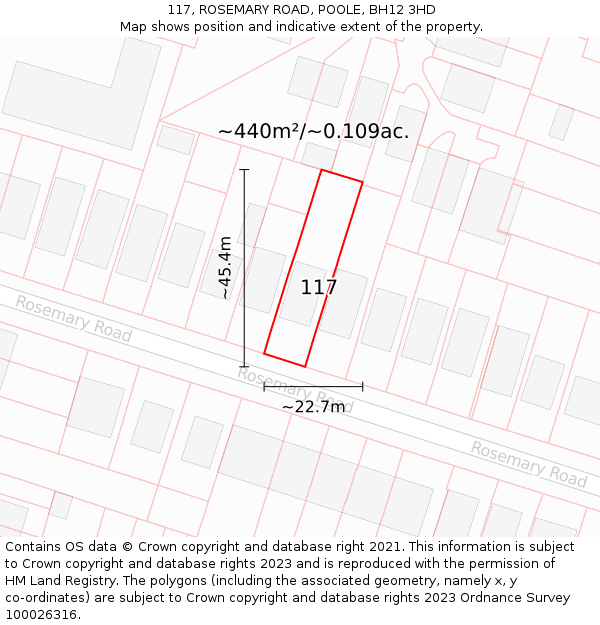 117, ROSEMARY ROAD, POOLE, BH12 3HD: Plot and title map