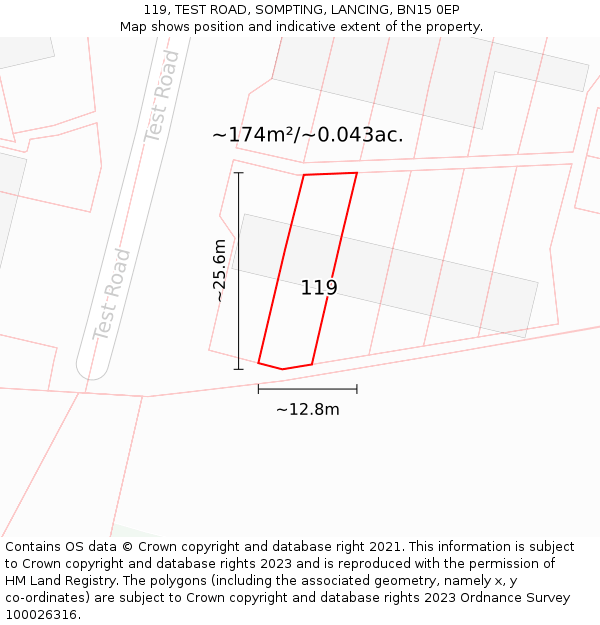 119, TEST ROAD, SOMPTING, LANCING, BN15 0EP: Plot and title map